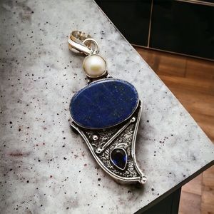 #431 Lapis Lazuli , Pearl & Tanzanite Handcrafted Pendant NWOT